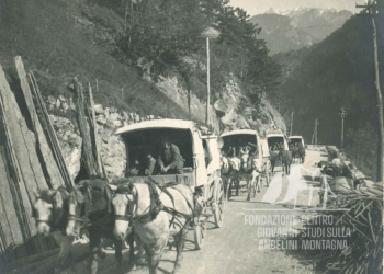 Carriaggi in transito sulla strada d’Alemagna nei pressi di Ospitale. 1915.