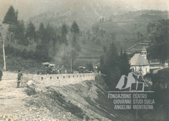 Ponte della Molinà a Calalzo, traino con trattrici di un cannone da 203. 1916.